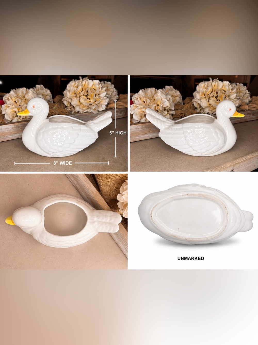 Unbranded White Ceramic Duck Planter with Yellow Beak
